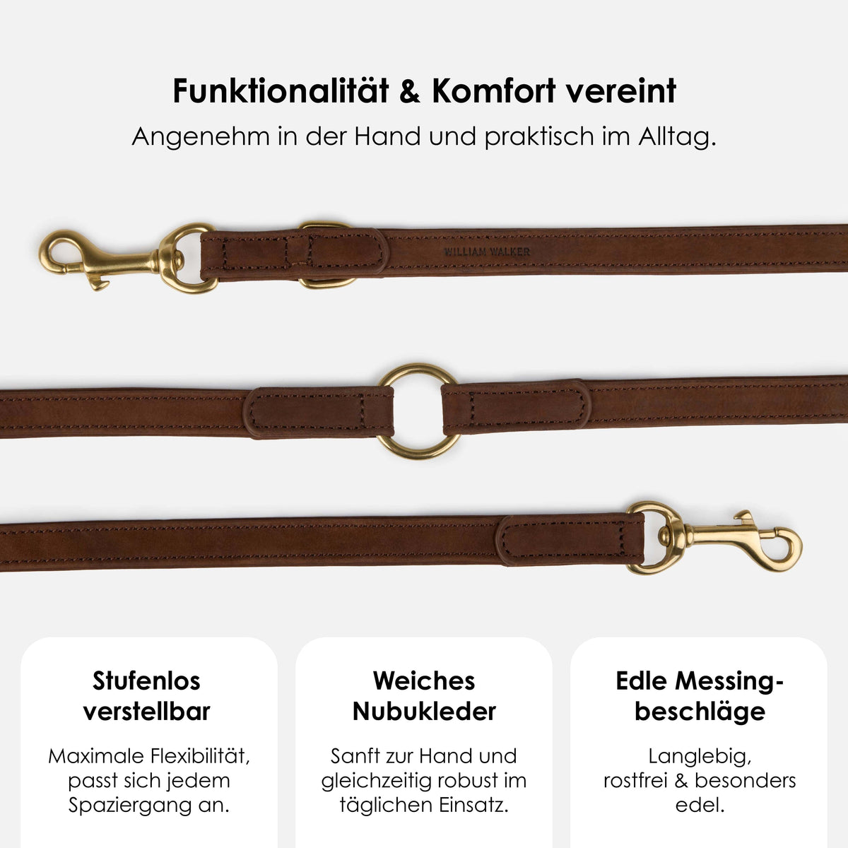 William Walker Laisse pour chien en cuir nubuck hydrofuge réglable sans limite Handsfree